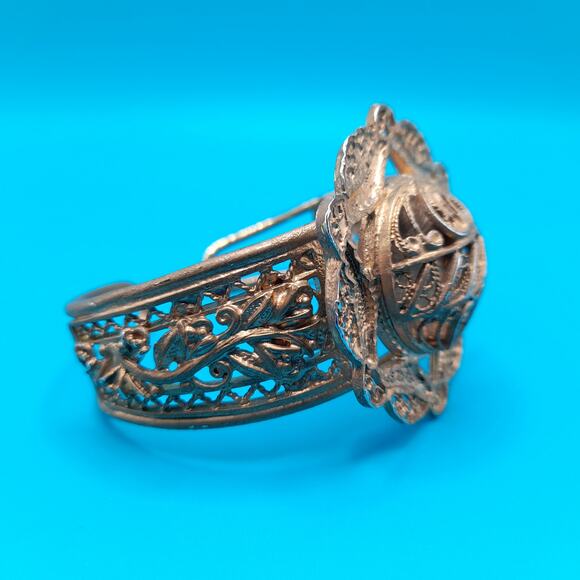 Vintage Gold Tone Filigree Openwork Cuff Bracelet, Egyptian Revival, 6 1/2 Inch - Picture 5 of 13